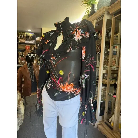 H&M Sheer Black Floral Fluttersleeve Highneck Top - Picture 4 of 5